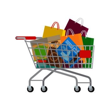 Self-service supermarket, full shopping trolley, cart with products. Vector illustration of cart full of purchases, boxes and bags on white background. Big shopping day. Buy various stuff for home.. Full Shopping Trolley with Different Purchases