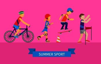 Sport set of man and woman. Boys and girls roller skate and skateboarding and cycling flat design style. People run in the competition. Skateboarder, girl rollerblading, guy near the bike and runner.. Sport Set of Man and Woman Going in for Sport