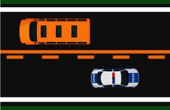 Active city traffic concept. School bus and police car goes on opposite road lanes top view flat vector. Urban highway illustration for transport concepts and logistics infographics design