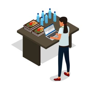 Young business woman standing and practicing on computer isolated on white. Five books or reports with charts, six bottle with water and open laptop lying on table vector illustration flat design.. Businesswoman Standing and Practicing on Computer