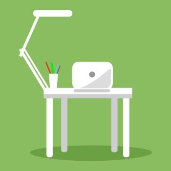 White notebook, table lamp and several pencils and pens on workplace. Futuristic workspace vector illustration. White desk with computer and lamp on it isolated on green background cartoon style. White Notebook, Table Lamp and Several Pencil Pens