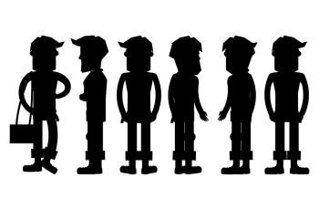 Set of hipster characters silhouettes. Collection of bearded men with rolled up pants and boots standing straight from different sides view vector figures isolated on white background  . Set of Hipster Characters Vector Silhouettes