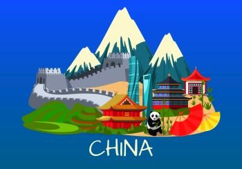 Vector illustration of mountains with white tops, Great wall of China on sand, building in asian style and inscription, rare panda, asian dwellings of different types vector design illustration. Great Wall of China, Asian Building, Rare Panda