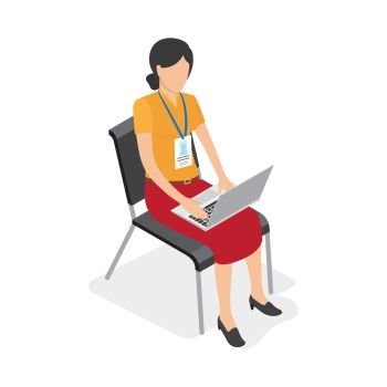 Woman with badge sits on chair and works at laptop isolated on white background. Vector illustration of work process. Business woman use modern technologies to do her job more comfortable and faster.. Woman Character with Laptop Isolated Illustration