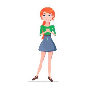 Woman crying full length with tear on cheek isolated on white. Frustrated redhead girl avatar userpic in flat style design. Vector illustration of upset human emotion in green blouse and blue skirt. Woman Crying Full Length with Tear on Cheek