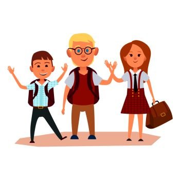 Happy schoolchildren with color schoolbags waving their hands vector illustration on white background. Friendship of two boys and red-haired girl.. Happy Schoolchildren with Bags Waving their Hands