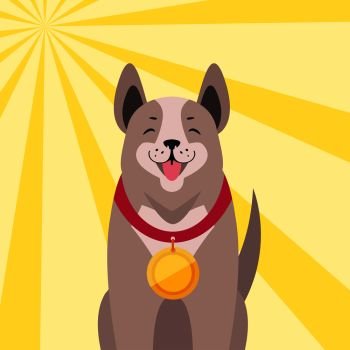 Happy cute dog champion with gold medal award on neck on colorful background with rays. Lovely purebred pet competition winner flat vector illustration for animal friends. Happy Dog with Medal Cartoon Flat Vector