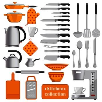 Kitchen collection of sharp knives, silver tableware, iron kettles, convenient utensils, coffee machine and dotted potholders vector illustrations.. Kitchen Collection of Tableware and Appliances