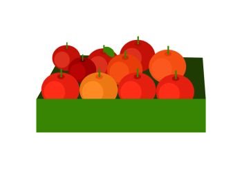 Red apples in a green box. Box full of fresh apples in flat. Box of lovely red apples. Retail store element. Isolated vector illustration on white background.. Red Apples in a Box