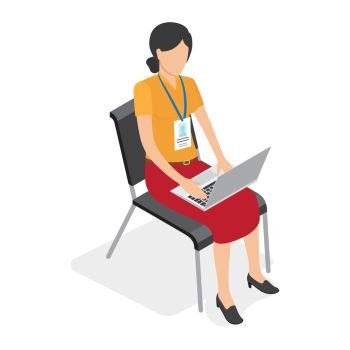 Female with badge sitting on black chair and working on laptop isolated on white. Woman dressed in yellow shirt, red midi skirt and black shoes. Web banner of business training vector illustration. Female with Badge Sitting and Working on Laptop