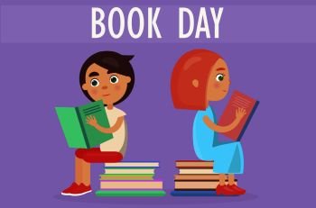 Two kids sitting on pile of literature and holding color textbooks isolated on purple. Book day card vector illustration.. Kids Sits on Pile of Literature on Book Day Card