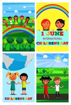 Children’s special day in beginning of summer. Vector colorful poster of four 1 June cards with happy entertaining kids.. Children’s Special Day Colorful Poster of Four
