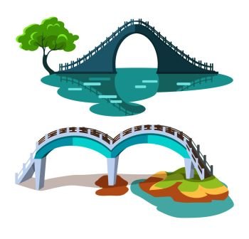 Bridges in Taiwanese style isolated on white vector flat illustration. Two architectural constructions for crossing rivers or lakes in round shape with stair and handles, with and without columns. Bridges in Taiwanese Style Isolated on White.
