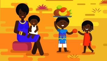 African woman in violet dress and accessories sits with baby on lap and boy holds tray with fruits and gives orange to girl vector illustration.. African Woman Holds Baby and Children with Fruits