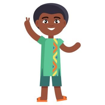 Young black male in cartoon style showing peace gesture. Happy little afro-american boy in national cloth celebrates international day of african child.. Young Male in Cartoon Style Showing Peace Gesture
