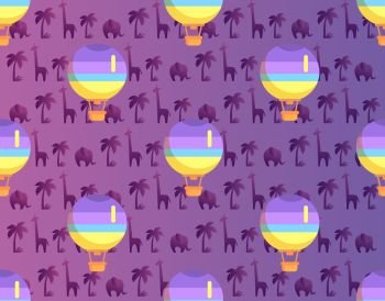 Hot air balloon with basket seamless pattern isolated on purple background with african plants and animals. Vector illustration of transportation means by air. Hot Air Balloon with Stripes Seamless Pattern