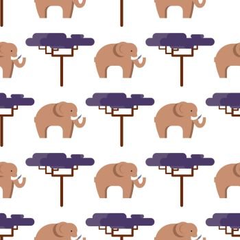 Elephant in beige color and baobab tree seamless pattern isolated on white. Side view of big animal living in hot countries vector illustration in flat design. Elephant in Beige and Baobab Tree Seamless Pattern
