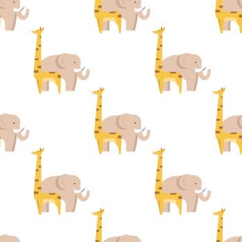 Graphic giraffe and big elephant isolated on white seamless pattern. Closeup vector illustration of exotic animals endless texture. Graphic Giraffe and Big Elephant Seamless Pattern