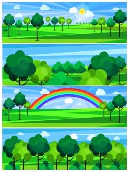 Park in summertime and nice weather condition with shining sun or rainbow vector colorful poster. Rest on fresh air template. Park in Summertime and Nice Weather Poster
