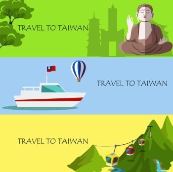 Travel to taiwan colorful vector banner with traditional attractions. Poster in flat design of Buddha statue on green background, floating ship on blue, and mountain lifts in hills on yellow.. Travel to Taiwan Colorful Banner with Attractions
