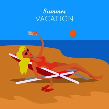 Summer vacation. Leisure on tropical sunny seaside. Woman making selfie on chaise-longue at beach in tropical country. Sunbathing and relaxing on the seashore. Woman in sexy bikini. Vector. Summer Vacation. Woman in Sexy Bikini. Vector