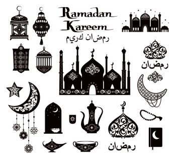 Ramadan Kareem isolated vector illustrations set. Traditional Muslim buildings, moon symbols, authentic lamps and small patterns.. Ramadan Kareem Isolated Holiday Illustrations Set