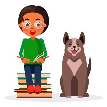 Child in glasses sitting on pile of literature with siberian husky and holds open book vector illustration on white background.. Child in Glasses Sitting with Books and Husky