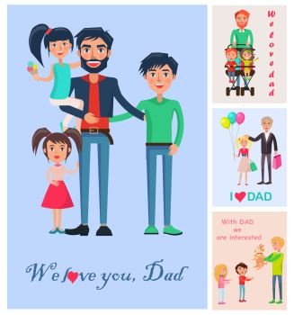 We love dad vector colorful banner of man with three children near small pictures demonstrating father’s kind attitude towards kids. We Love Dad Banner of Man with Three Children