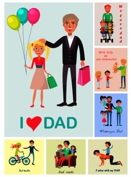 I love dad vector poster of standing daughter with balloons near daddy, and small images with dad’s care and warm towards kids. I Love Dad Poster of Daughter with Dad and Images
