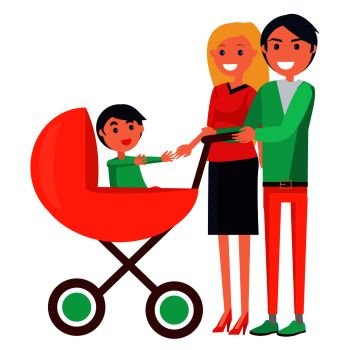 Parents’ Day Poster vector illustration of happy mother and joyful father on a walk with their young child sitting in stroller. Parents’ Day Poster Depicting Family with Young Child