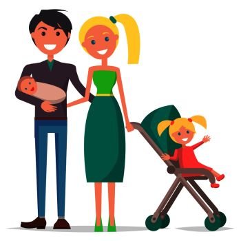 Parents’ Day poster vector illustration of happy family with father holding newborn son, mother and their young daughter in stroller. Parents’ Day Poster Depicting Young Family