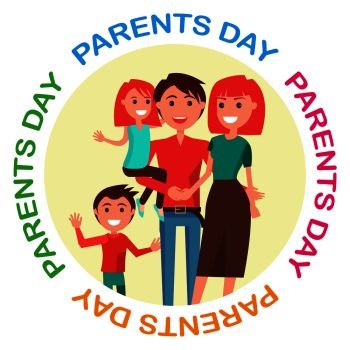 Parents’ Day Poster vector illustration of cheerful father holding his little dauther, happy mother hugging her husband with their young son. Parents’ Day Poster with Circle Inscription