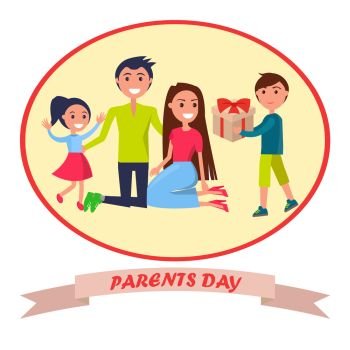 Parents day banner in round frame vector illustration of gleeful daughter with her mother and father receiving present from their young son. Banner Dedicated to Parents’ Day Depicting Family