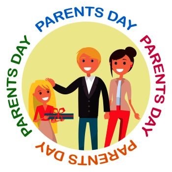 Poster of happy family vector illustration of young daughter congratulating her cheerful mother and joyful father on occasion of Parents` Day. Parents’ Day Banner with Colourful Inscription