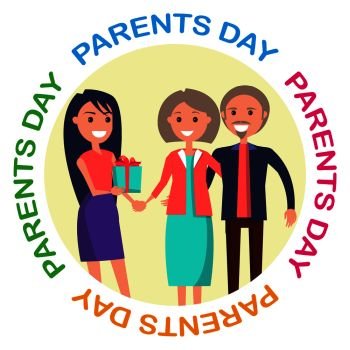 Parents’ Day banner showing happy family with inscription around it. Vector illustration of adult daughter giving her mother and father present. Parents’ Day Banner Showing Happy Family