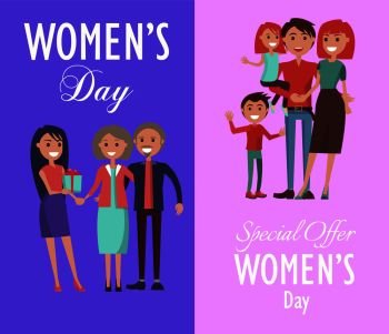 Set of posters dedicated to celebration of Women’s Day. Vector illustration two gleeful families celebrating this spring holiday. Set Posters Dedicated to Women’s Day Celebration