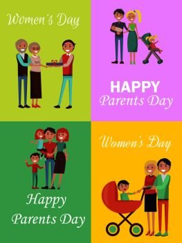 Set of congratulation cards for Women’s and Parents’ Days. Vector illustration of happy families celebrating these holidays. Set of Congratulation Cards for Family Holidays