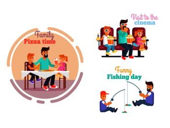 Fathers day poster with dad and children eating pizza, visiting cinema, funny fishing. Vector illustration of daily family activities. Fathers Day Poster with Dad and Children Vector