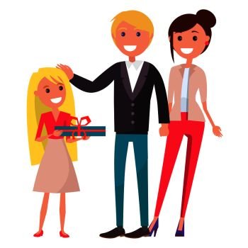 Parents’ Day poster vector illustration of cheerful family depicting young daughter with present for her mother and father. Parents’ Day Poster Depicting Happy Family