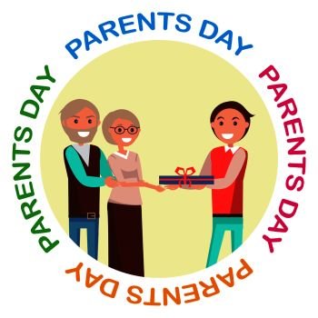 Parents` Day banner with colorful inscription. Vector illustration of cheerful son giving his middle-aged mother and father present. Parents’ Day Banner with Colorful Inscription