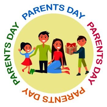 Banner dedicated to Parents’ Day. Vector illustration of gleeful daughter with her mother and father receiving present from their young son. Banner Dedicated to Parents’ Day Depicting Family