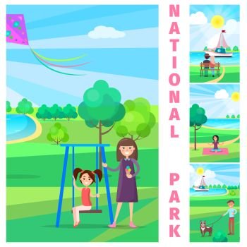 Mother holding ice cream and stands near daughter on swing in national park vector poster with three smaller illustrations of human activities outdoor. Mother near Daughter on Swing in National Park