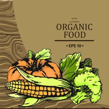 Organic food products graphic vector advertising with fresh vegetables collection on brown background. Healthy eating temple poster. Organic Food Vector Advertising with Vegetables