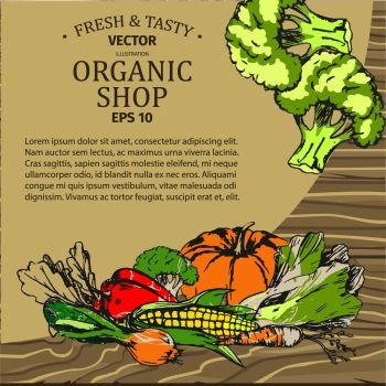 Organic shop advertisement with fresh and tasty vegetables near text vector poster. Orange pumpkin, red pepper, yellow corn, green cucumber etc.. Organic Shop Advertisement with Fresh Vegetables