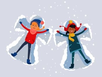 Best friends girls in cute winter clothes, make snow angels and have good time lying on snow with snowflakes. Vector illustration of friendship and spending time together. Winter holiday concept. Best Friends. Girls Make Snow Angels Illustration