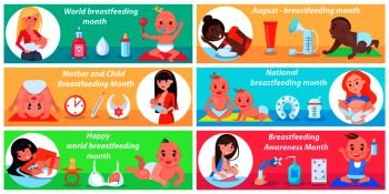 World breastfeeding month promotional posters set with mothers who feed their babies with breast milk and special equipment vector illustrations.. World Breastfeeding Month Promotional Posters Set