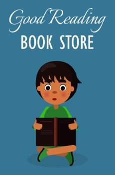 Little boy in good reading book store isolated on blue background vector illustration. Schoolboy sitting and holding dark textbook.. Little Boy in Good Reading Book Store on Blue