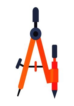 Pair of compasses isolated vector illustration on white. Cartoon style technical drawing instrument with orange legs and short sharpened pencil. Pair of Compasses Isolated Illustration on White