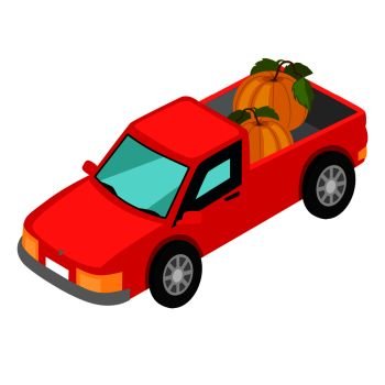 Red van pick-up truck with pumpkins isolated on white background. Means of transport widely used for transportation farming products. Red Van Pick-up Truck with Pumpkins Isolated