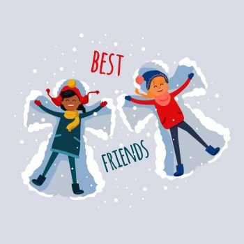 Best friends, brunette and redhead girls in cute winter clothes, make snow angels and have good time together on snowy background. Vector illustration of friendship and spending time together.. Best Friends. Girls Make Snow Angels Illustration